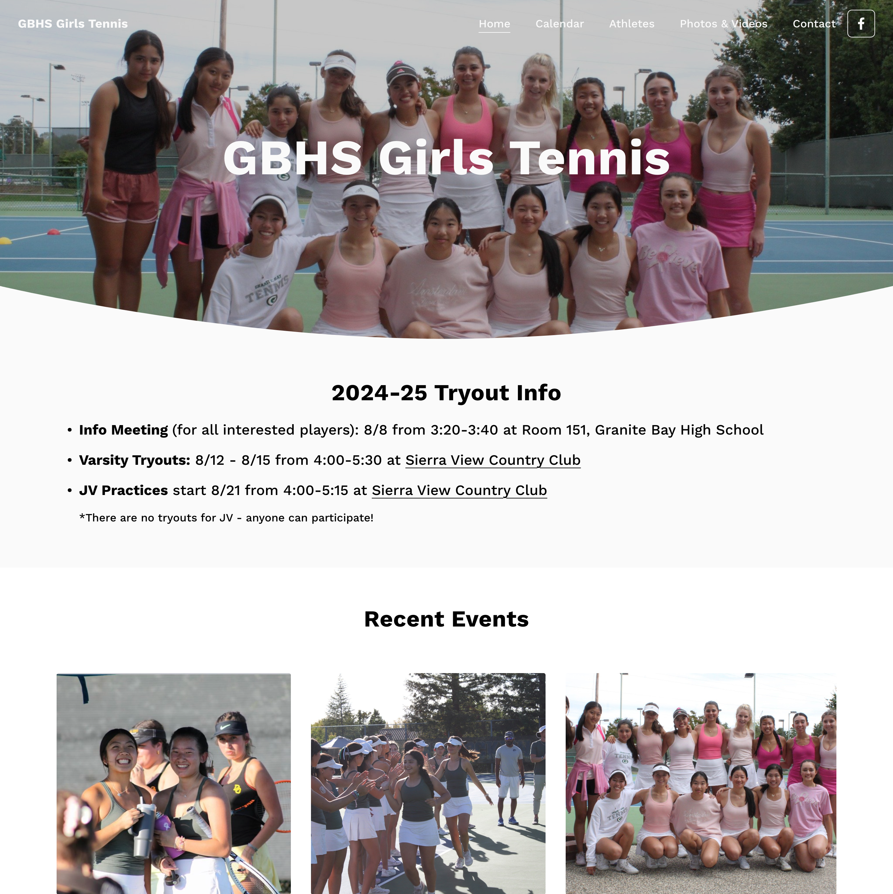 Sports team website built by Squarespace for GBHS Girls Tennis